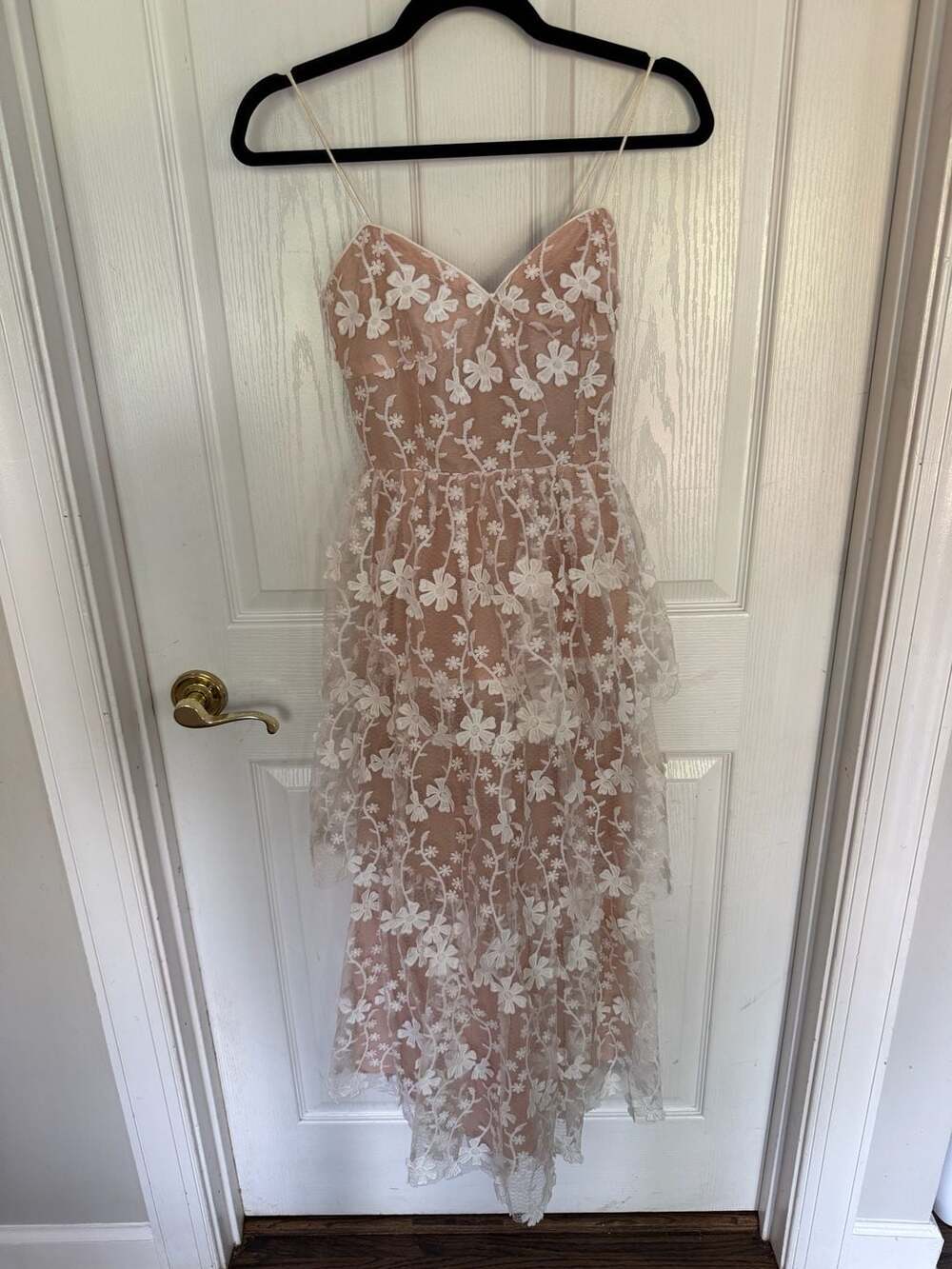 Endless Rose Women's Floral Embroidered Layered Midi Dress in Nude/White